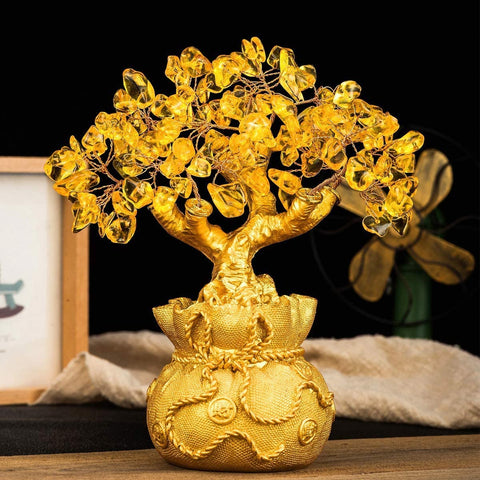 Feng Shui Citrine/Yellow Crytal Money Tree with Chinese Dragon Pots