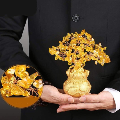 Feng Shui Citrine/Yellow Crytal Money Tree with Chinese Dragon Pots