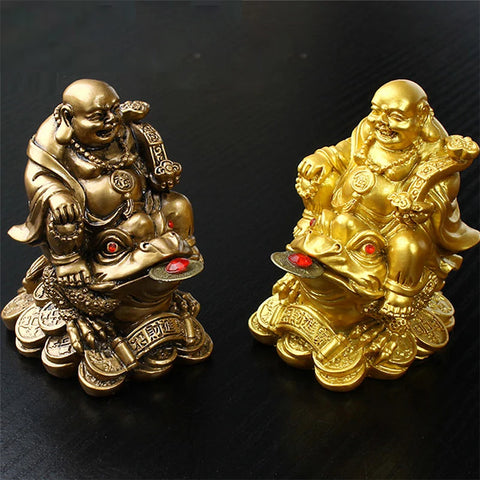 Feng Shui Maitreya Buddha Statue Toad Figurine Money Fortune Wealth Chinese Golden Frog Home Office Tabletop Decoration