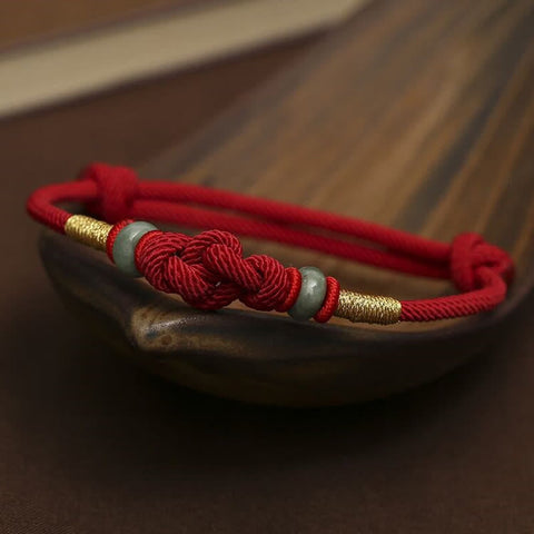 Pulsera de pareja trenzada con nudo de la suerte de Jade, hilo rojo, piedras de Buda