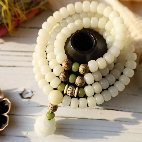 Pulsera de collar de armonía de jade blanco Bodhi Lotus Mala