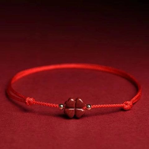 Tobillera con pulsera de hilo rojo con bendición de trébol de cuatro hojas de cinabrio natural