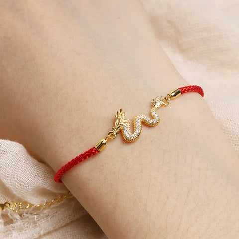 Sterling Silver Year Of The Dragon Auspicious Golden  Luck Red Rope Chain Bracelet