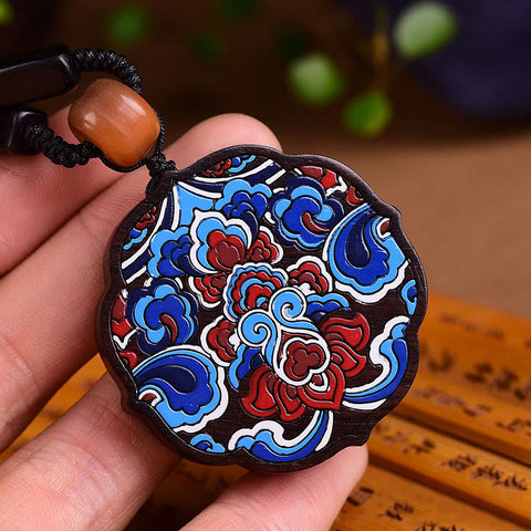 Hand-painted Auspicious Clouds Ebony Wood Fu Character Peace Necklace Pendant