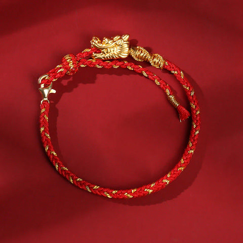 Pulsera trenzada de hilo rojo con nudo de ocho hilos de la suerte del dragón hecha a mano en plata de ley