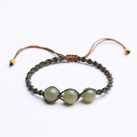 Handmade Rope Luck Three Jade Bead Abundance Bracelet