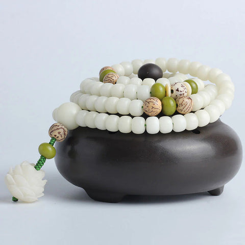 Pulsera de collar de armonía de jade blanco Bodhi Lotus Mala