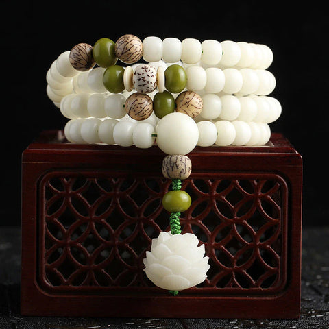 Pulsera de collar de armonía de jade blanco Bodhi Lotus Mala