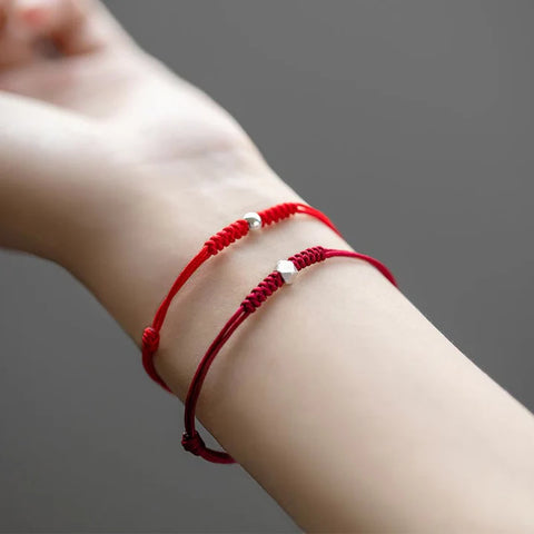 Pulsera trenzada de hilo rojo de protección de cuentas de suerte de plata de ley 925