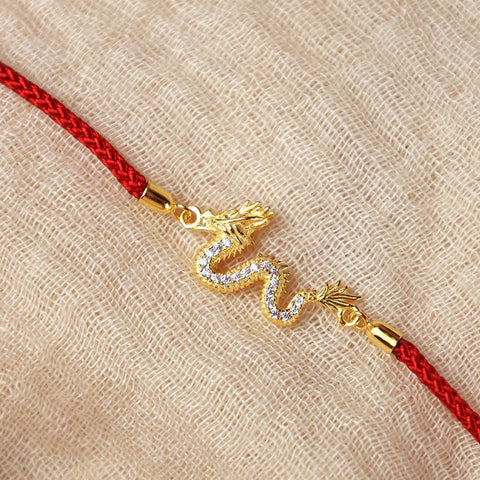 Sterling Silver Year Of The Dragon Auspicious Golden  Luck Red Rope Chain Bracelet