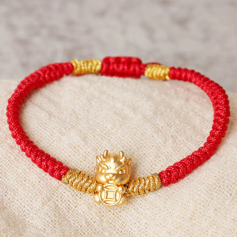 Silver Year of the Dragon Copper Coin Fortune Dragon Fu Character Luck Handcrafted Red String Braided Bracelet