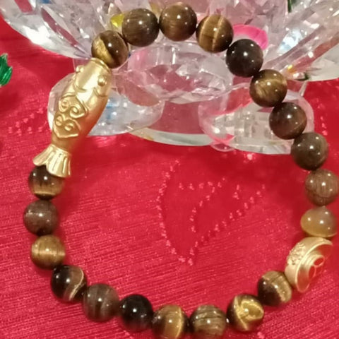 WEALTH & PROSPERITY Luck Koi Fish Ingot Charm Tiger Eye Bracelet