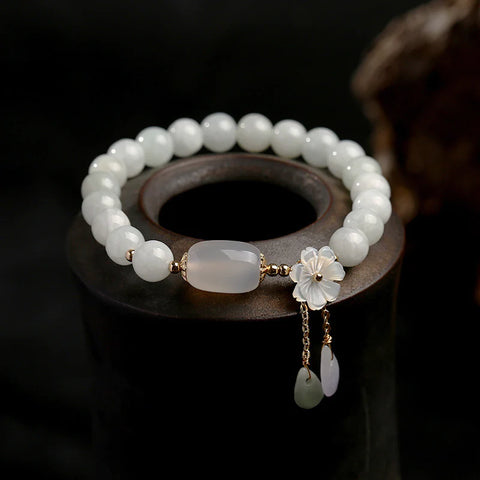 Luck Bracelet, Natural 7.5mm White Jade Bead Bracelet