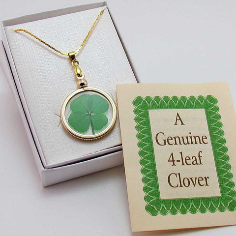 Good Luck Charm Gold Pendant Necklace with a Real Genuine Four Leaf Clover