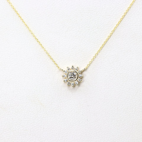 Sunflower Necklace 14k Solid Gold Necklace with Diamond Halo