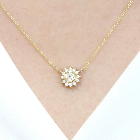 Sunflower Necklace 14k Solid Gold Necklace with Diamond Halo