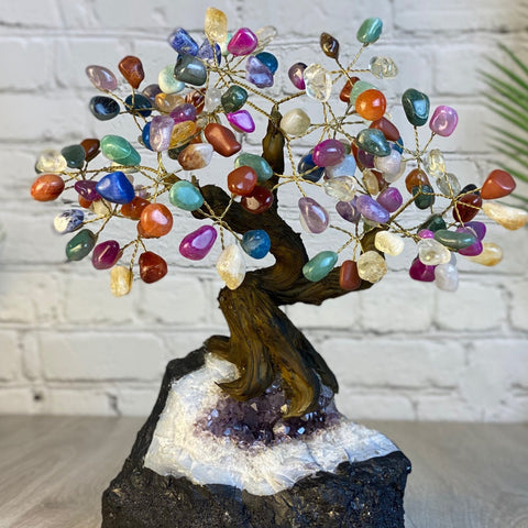 Tall Handmade Gemstone Tree w/ Crystal Cluster base, 120 Total Gems, 11 Gem Options