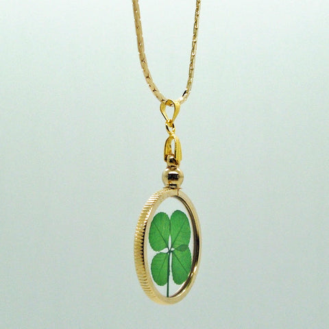 Good Luck Charm Gold Pendant Necklace with a Real Genuine Four Leaf Clover