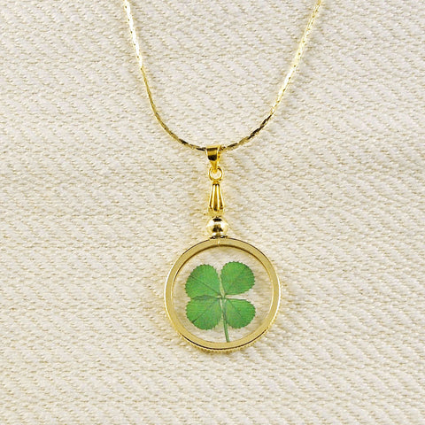 Good Luck Charm Gold Pendant Necklace with a Real Genuine Four Leaf Clover