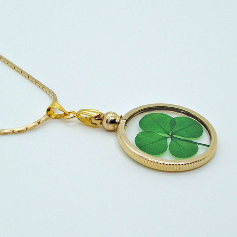 Good Luck Charm Gold Pendant Necklace with a Real Genuine Four Leaf Clover