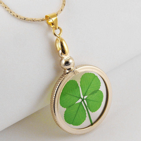 Good Luck Charm Gold Pendant Necklace with a Real Genuine Four Leaf Clover