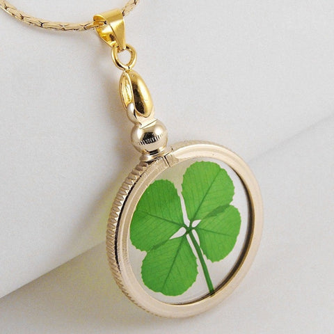 Good Luck Charm Gold Pendant Necklace with a Real Genuine Four Leaf Clover