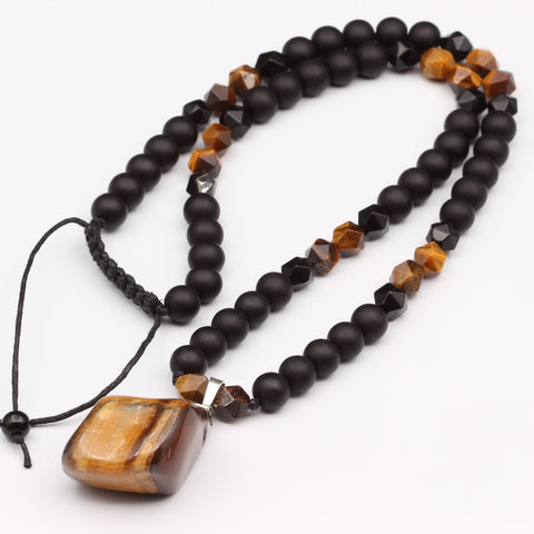 Men's Protection Necklace Big Raw Tiger Eye Pendant Beads Necklace