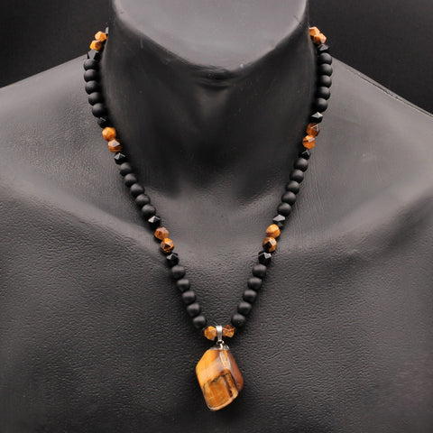 Men's Protection Necklace Big Raw Tiger Eye Pendant Beads Necklace