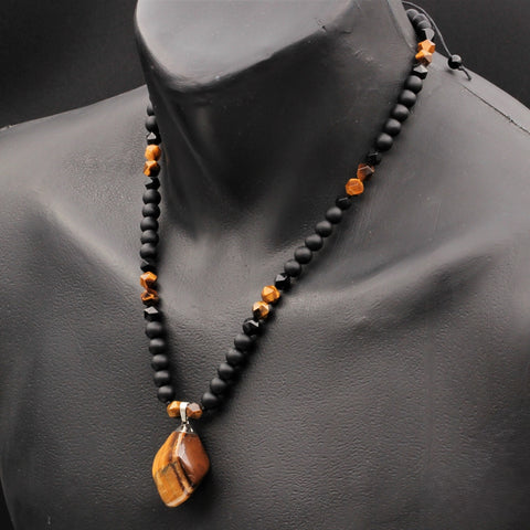 Men's Protection Necklace Big Raw Tiger Eye Pendant Beads Necklace