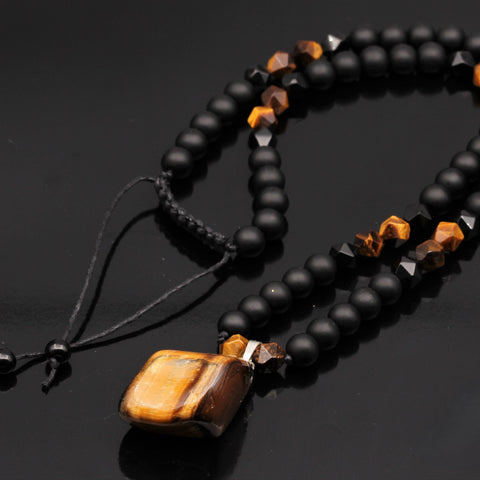 Men's Protection Necklace Big Raw Tiger Eye Pendant Beads Necklace