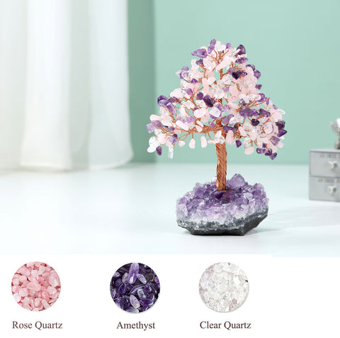 Árbol de cristal hecho a mano Árbol de la vida de cuarzo rosa con base de amatista