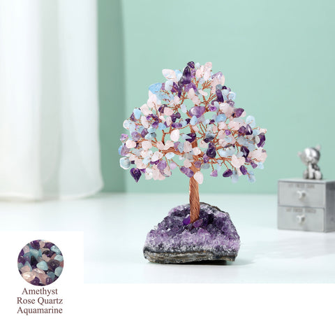 Árbol de cristal hecho a mano Árbol de la vida de cuarzo rosa con base de amatista