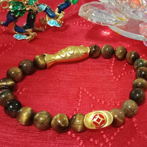 WEALTH & PROSPERITY Luck Koi Fish Ingot Charm Tiger Eye Bracelet