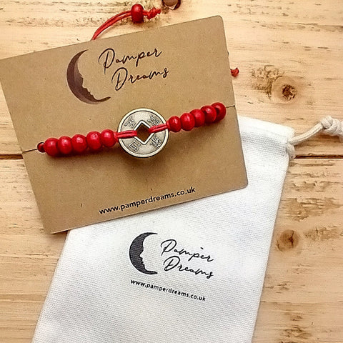 FENG-SHUI BRACELET Wooden Beads With Lucky Chinese Fortune Coin