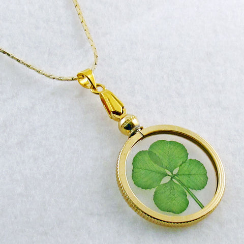 Good Luck Charm Gold Pendant Necklace with a Real Genuine Four Leaf Clover