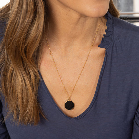 Black Obsidian Circle Pendant Necklace - Minimalist geometric jewelry on 20 inch 14k gold filled satellite chain - Mother's Day Gift