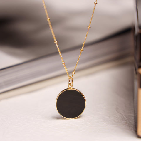 Black Obsidian Circle Pendant Necklace - Minimalist geometric jewelry on 20 inch 14k gold filled satellite chain - Mother's Day Gift