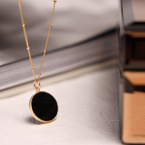 Black Obsidian Circle Pendant Necklace - Minimalist geometric jewelry on 20 inch 14k gold filled satellite chain - Mother's Day Gift