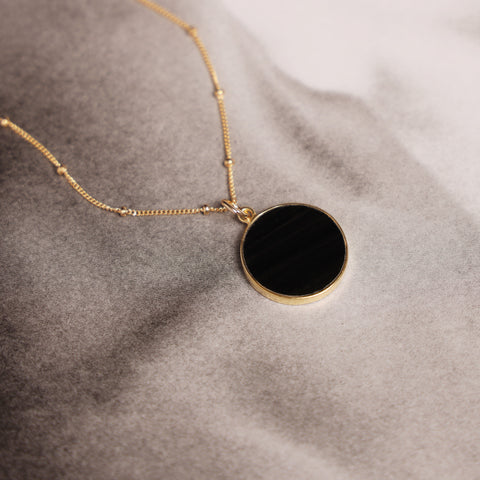 Black Obsidian Circle Pendant Necklace - Minimalist geometric jewelry on 20 inch 14k gold filled satellite chain - Mother's Day Gift