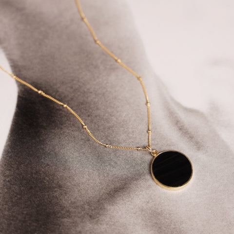 Black Obsidian Circle Pendant Necklace - Minimalist geometric jewelry on 20 inch 14k gold filled satellite chain - Mother's Day Gift