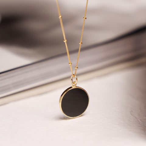 Black Obsidian Circle Pendant Necklace - Minimalist geometric jewelry on 20 inch 14k gold filled satellite chain - Mother's Day Gift