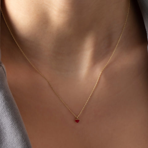 Solid Gold Preppy Ruby Heart Necklace, Mother Gift, Heart Pendant