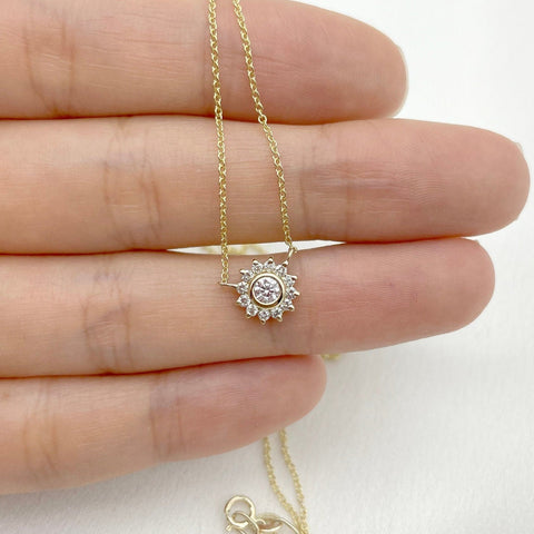 Sunflower Necklace 14k Solid Gold Necklace with Diamond Halo