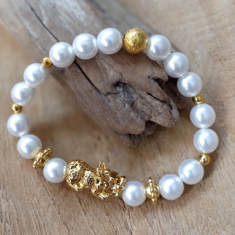 Gold Pi Xiu Chinese Dragon White Pearl Bracelet