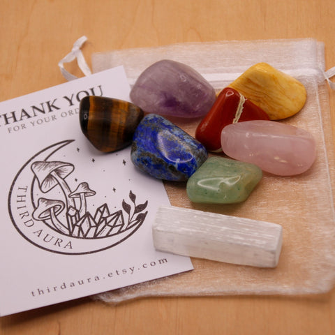 8 Pcs Chakra Set | With Selenite 7 Chakra Tumbled Stones