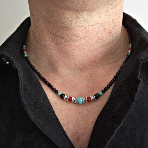 Mens Beaded Necklace, Black Onyx, Howlite Turquoise, Red Jasper