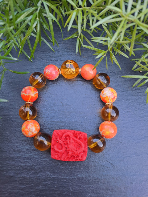 Luck Dragon Cinnabar, Orange Jasper, Citrine Bracelet