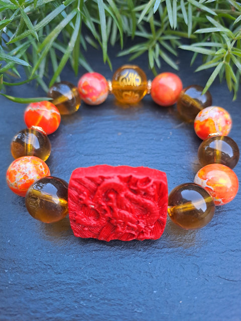 Luck Dragon Cinnabar, Orange Jasper, Citrine Bracelet