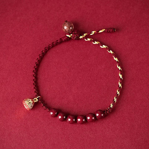 Handmade Braided Red String Lucky Bracelet with Cinnabar and Gold Plated Lotus