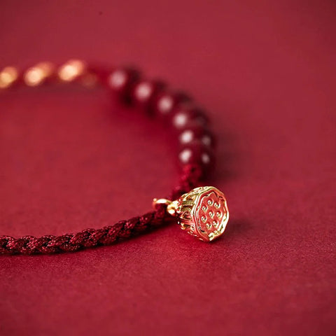 Handmade Braided Red String Lucky Bracelet with Cinnabar and Gold Plated Lotus